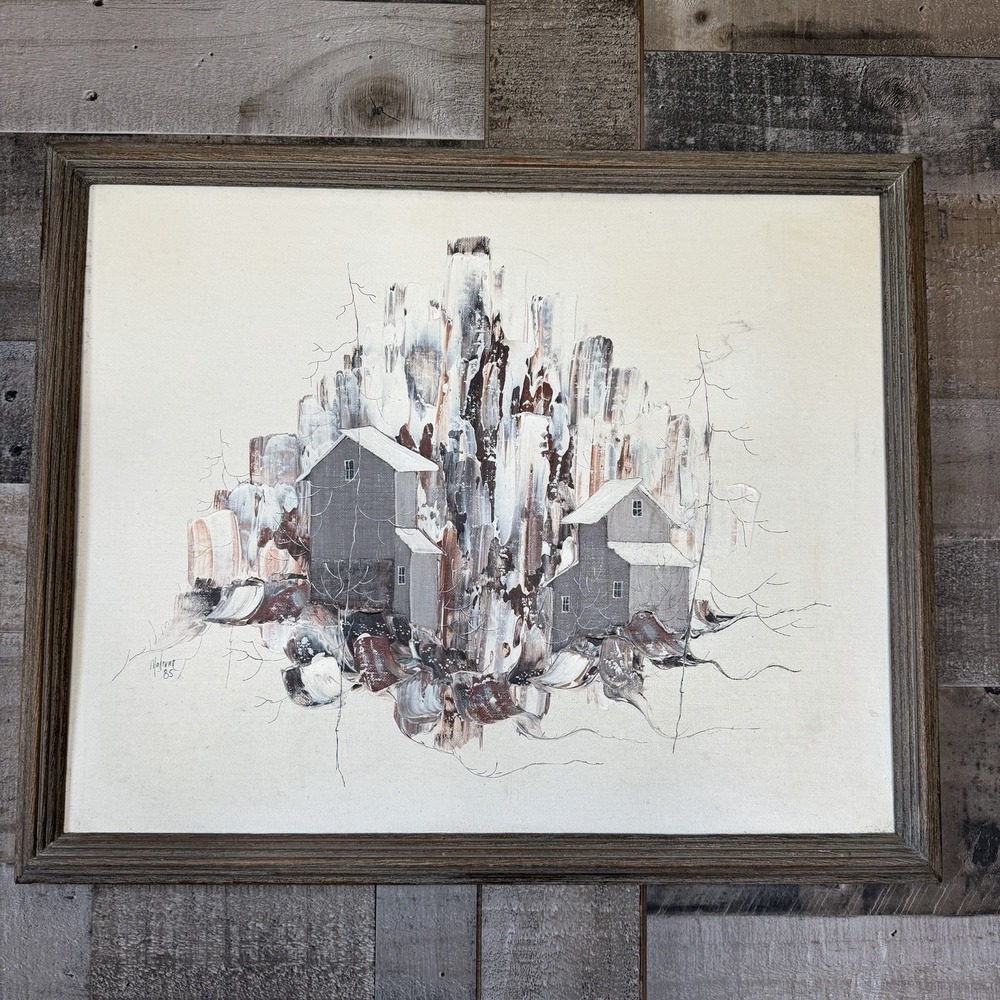 Vtg Original Artist Signed Oil Painting Muted Gray Architectural House Or Mills